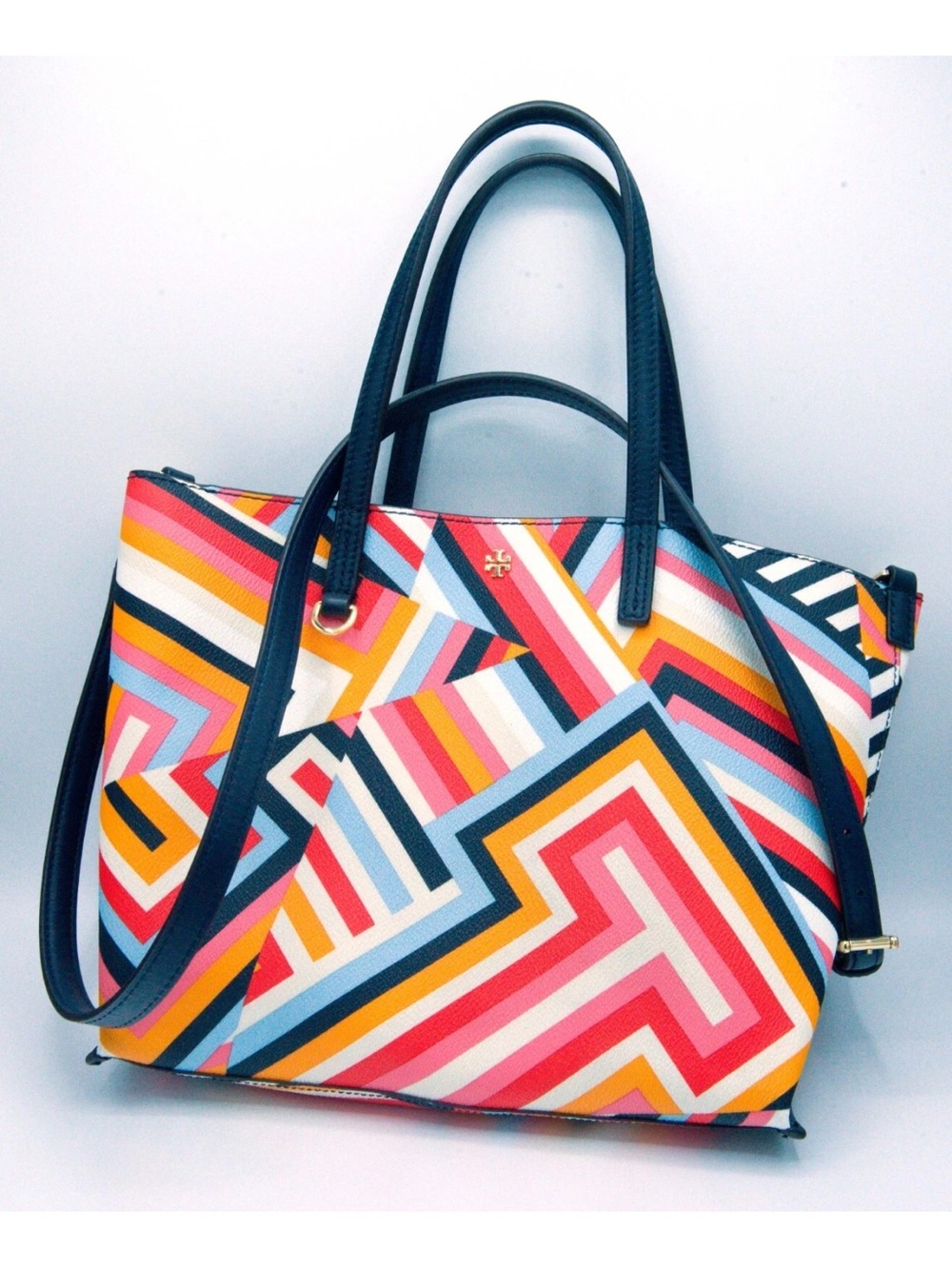 Tory Burch Colorful Geometric Tote Bag with Black Trim